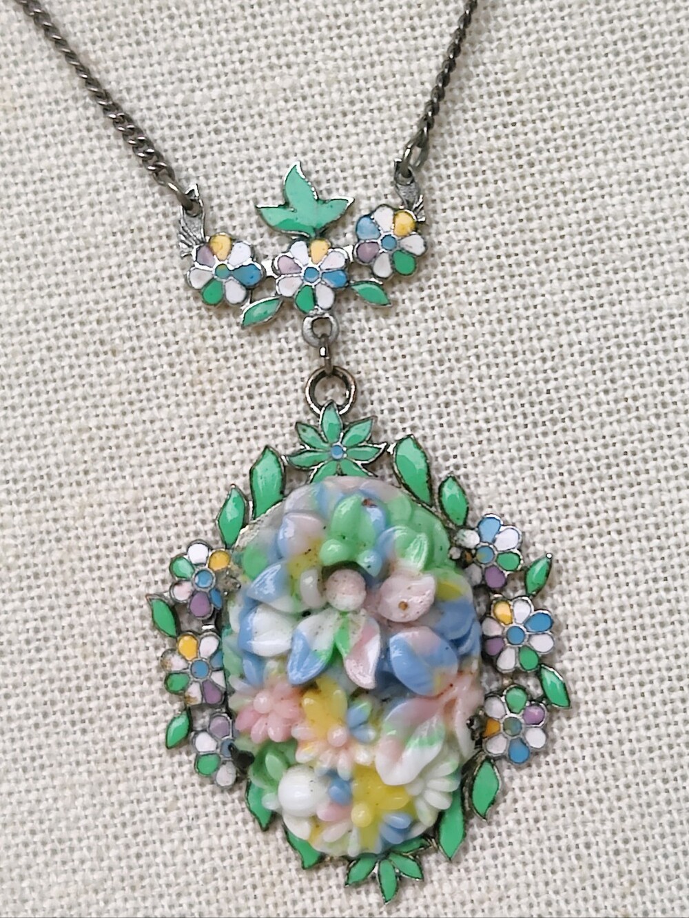 Vintage Art Deco Enameled Floral Pendant Necklace - Picture 5 of 9